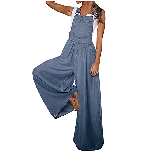 ZWDC Latzhose Damen Relaxed Einfarbig Jumpsuit sommer Legere Arbeitshose Weite Beine Sommerhose Frauen Die elegante Große Größen Hosen Lang fur Täglich Overall, Blau, Medium von ZWDC