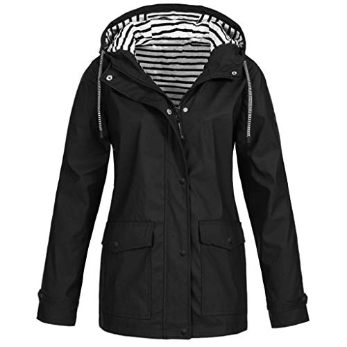 Damen Jacke Wasserdicht Kapuze Regenmantel Langarm Regenjacke Outdoor Winddicht und Warm Windbreaker Reißverschluss Trenchcoats, Schwarz , 48 von ZWQJYH