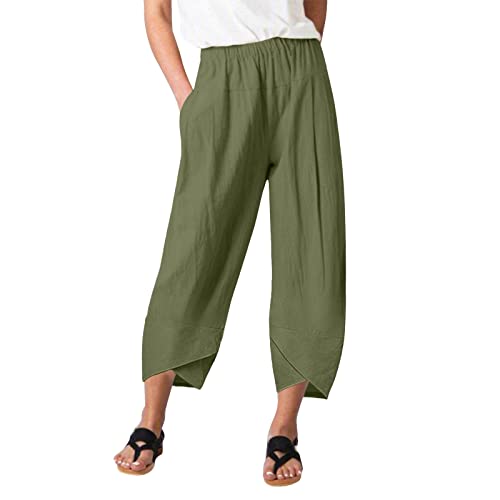 Caprihose Damen High Waist Leinenhose Jogginghose Damen Sporthose 3/4 Leinen Baumwolle Hose für Frauen Stoffhose Baggy Hose Sommer Leicht Freizeithose Sweathose Yogahose Trainingshose mit Taschen von ZWXIN