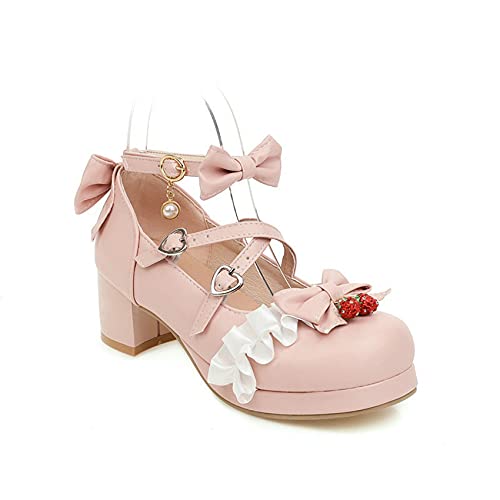 Frauen Nette Lolita Cosplay Schuhe Bogen Mid Chunky Heel Herzband Plattform Mary Jane Pumps Schule Mädchen Erdbeere,Rosa,39 von ZXCVB