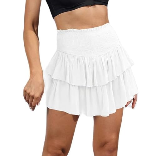 ZYMOZYM A-Linien Schwarz Basic Einfarbig Mini Rock Mit Shorts Falten Dehnbaren Sportrock Hosenrock Damen (as3, Alpha, m, Regular, Regular, Weiß) von ZYMOZYM