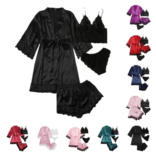 Bademantel Damen Satin Pyjama Set 4 Teilig Schlafanzug Damen Kurz Set Nachthemd Mit Spitze Unterwäsche Bademantel Jacke Damen mit Gürtel Sexy Morgenmantel Leicht Pyjama für Hochzeit Braut Party Bademantel Damen Satin Pyjama Set 4 Teilig Schlafanzug Damen Kurz Set Nachthemd Mit Spitze Unterwäsche Bademantel Jacke Damen mit Gürtel Sexy Morgenmantel Leicht Pyjama für Hochzeit Braut Party von ZYPAINIY