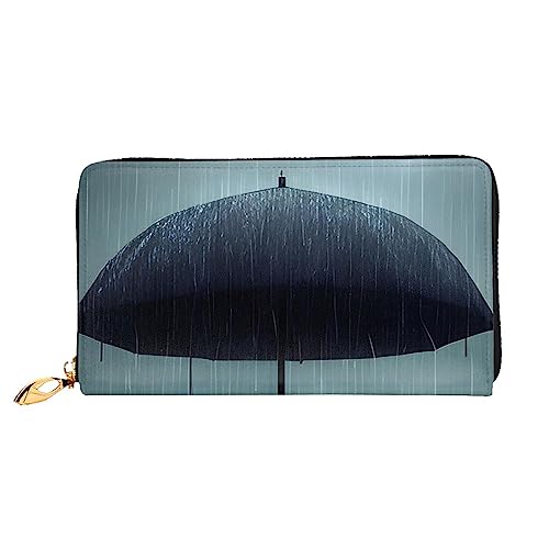 Black Umbrella In The Rain Ledergeldbörse, Ledermaterial, wasserdicht, Reißverschluss-Design für Haltbarkeit, 12 Kreditkartenfächer, 3 Geldfächer, entworfen für modische Mädchen und Frauen, Schwarz, von ZYVIA