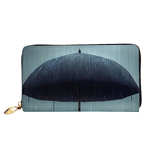 Black Umbrella In The Rain Ledergeldbörse, lange Clutch-Geldbörse, weiches Material, Reißverschluss-Design, Anti-Verlust-Geld, 12 Bankkartenfächer, leicht, wasserdicht und langlebig für das stilvolle von ZYVIA