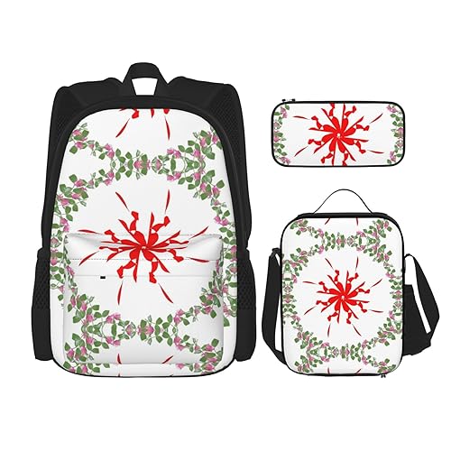 ZYVIA Dreiteiliges Taschenrucksack-Set mit grünen Blättern und roten Blumen, robust und verschleißfest, große Kapazität für Schulen, Bergsteigen, Training, Schwarz , Einheitsgröße von ZYVIA