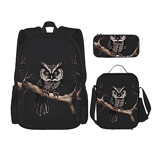 ZYVIA Late Night Owl 3-teiliges Taschenrucksack-Lunch-Tasche und Federmäppchen-Set, stark und verschleißfest, große Kapazität für Schulen, Bergsteigertraining, Schwarz , Einheitsgröße von ZYVIA