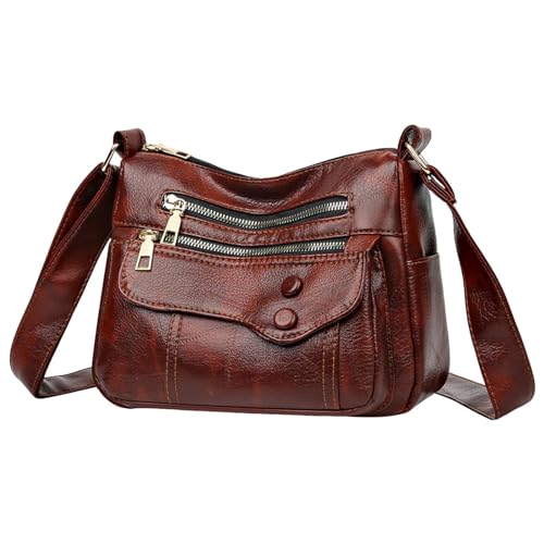 Damen Tote Bag Handtasche Frauen Schulter Tasche Modische Muster Einfache Feste Farbe Retro Große Kapazität Praktische Zipper Messenger Tasche (Brown, One Size) von ZZHZGZ