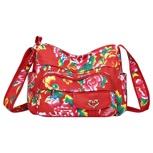 Umhängetaschen Damen Crossbody Bag Frauen Umhängetasche Modische Muster Floral Print Große Kapazität Praktische Casual Zipper Messenger Tasche (Red, One Size) von ZZHZGZ