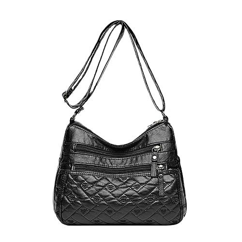 Umhängetaschen Damen Crossbody Bag Vintage-Liebesmuster, rechteckig, kariert, weiches , plissierte Textur, einfarbig, Umhängetasche, mehrere Taschen, Reißverschluss, Umhängetasche (Black, One Size) von ZZHZGZ