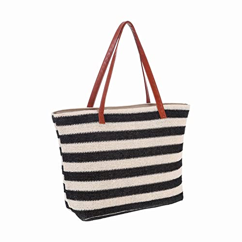 ZZHZGZ Damen Tote Bag Handtasche Große geflochtene Strandtasche aus Gestreifte Strandtasche Große Outdoor-Reisetasche (Black, One Size) von ZZHZGZ