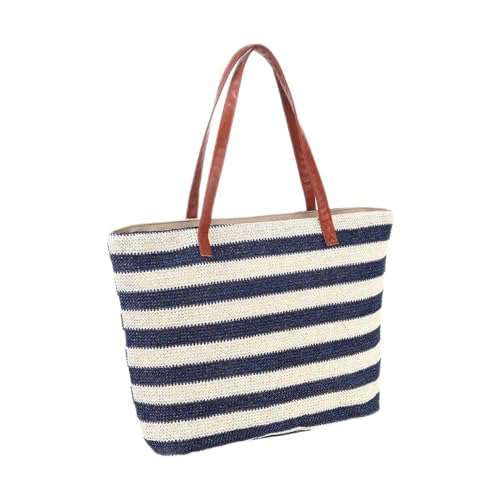 ZZHZGZ Damen Tote Bag Handtasche Große geflochtene Strandtasche aus Gestreifte Strandtasche Große Outdoor-Reisetasche (Blue, One Size) von ZZHZGZ