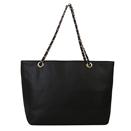 ZZHZGZ Damen Tote Bag Handtasche einfarbig Tasche Reißverschluss Metallkette Schultergurt Umhängetasche (Black, One Size) von ZZHZGZ