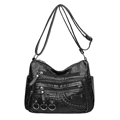 ZZHZGZ Umhängetaschen Damen Crossbody Bag, modische Vintage-Umhängetasche mit großem Raumgeflecht, schlichte prächtige Umhängetasche weichem mit Fächern Taschen (Black, One Size) von ZZHZGZ