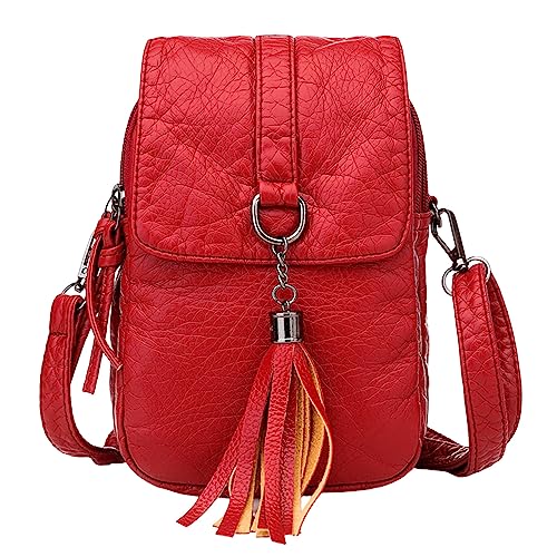 ZZHZGZ Umhängetaschen Damen Crossbody Bag Damen Retro-Umhängetasche, kleine Tasche, weiches, Umhängetasche, modisch, einfarbig, einfach, große Kapazität, mehrlagige Handytasche (Red, One Size) von ZZHZGZ