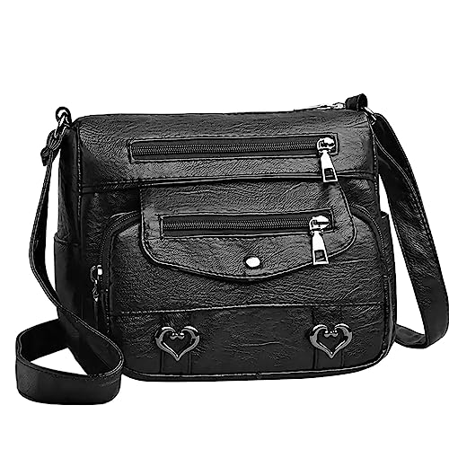 ZZHZGZ Umhängetaschen Damen Crossbody Bag Herz-Dekor-Umhängetasche, Vintage-PU-Umhängetasche, Damen-Geldbörse mit Taschen (Black, One Size) von ZZHZGZ