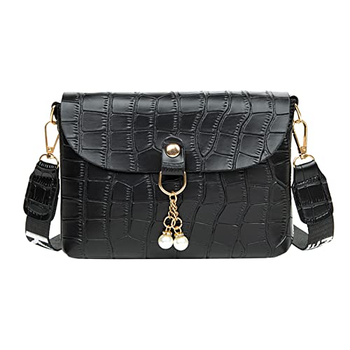 ZZHZGZ Umhängetaschen Damen Crossbody Bag Mode Frauen Kunstleder Einfarbig Perle Dekoration Hasp Handytasche Umhängetasche Umhängetasche (Black, One Size) von ZZHZGZ