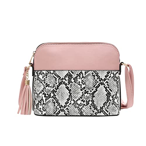 ZZHZGZ Umhängetaschen Damen Crossbody Bag Schlangenhaut Farbkontrast Spleißen Tasche Reißverschluss Quaste One Shoulder Messenger Bag (Pink, One Size) von ZZHZGZ