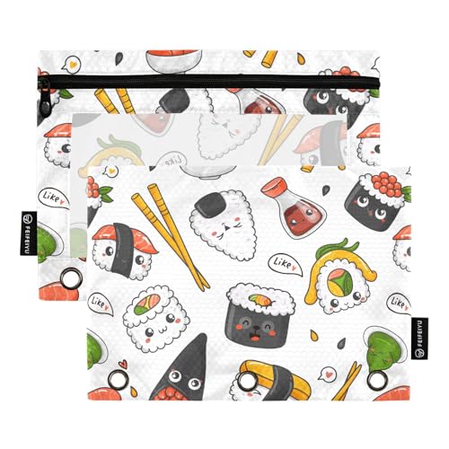 Kawaii Sushi-Federmäppchen für 3-Ringbuch, Drei-Loch-Federmäppchen für Ordner, Großpackung mit transparentem Fenster und Reißverschluss, für Büro, Schule, Uni, 2 Stück Kawaii Sushi-Federmäppchen für 3-Ringbuch, Drei-Loch-Federmäppchen für Ordner, Großpackung mit transparentem Fenster und Reißverschluss, für Büro, Schule, Uni, 2 Stück von ZZKKO