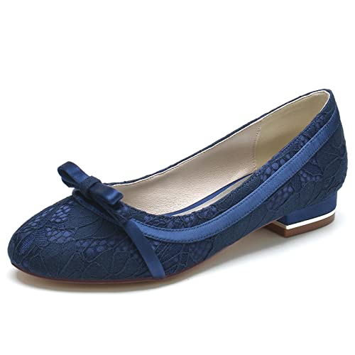 ZZQCCHL Damen Geschlossene Zehe Brautschuhe Slip On Lvory Spitze Wohnungen Runde Zehe Brautkleid Schuhe,Marine,36 EU von ZZQCCHL