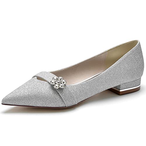 ZZQCCHL Damen Glitter Spitz Toe Wohnungen Slip-On Sparkly Ballett Schuhe Hochzeit Abend Party Schuhe,Silber,39 EU von ZZQCCHL