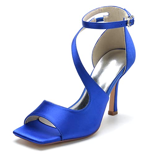 ZZQCCHL Damen Knöchelriemen Peep Toe Hochzeitsschuhe Stiletto High Heel Brautschuhe Square Toe Riemchensandalen,Blau,36 EU von ZZQCCHL