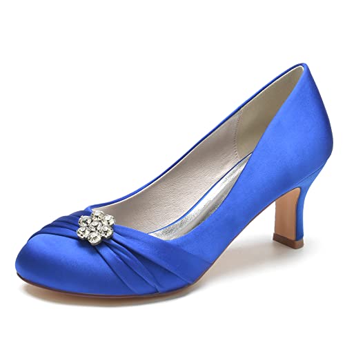 ZZQCCHL Damen Low Heel Kitten Brautschuhe Satin Round Toe Hochzeit Abend Party Schuhe mit Strass,Blau,40 EU von ZZQCCHL