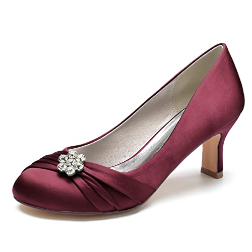 ZZQCCHL Damen Low Heel Kitten Brautschuhe Satin Round Toe Hochzeit Abend Party Schuhe mit Strass,Burgundy,41 EU von ZZQCCHL