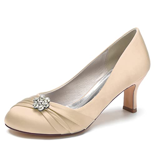 ZZQCCHL Damen Low Heel Kitten Brautschuhe Satin Round Toe Hochzeit Abend Party Schuhe mit Strass,Champagne,38 EU von ZZQCCHL