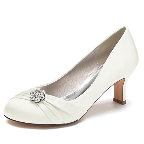 ZZQCCHL Damen Low Heel Kitten Brautschuhe Satin Round Toe Hochzeit Abend Party Schuhe mit Strass,Elfenbein,38 EU von ZZQCCHL