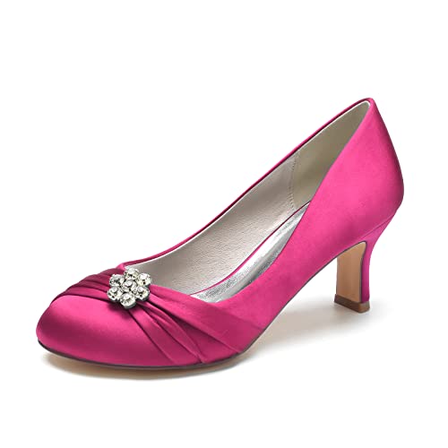 ZZQCCHL Damen Low Heel Kitten Brautschuhe Satin Round Toe Hochzeit Abend Party Schuhe mit Strass,Fuchsia,39 EU von ZZQCCHL