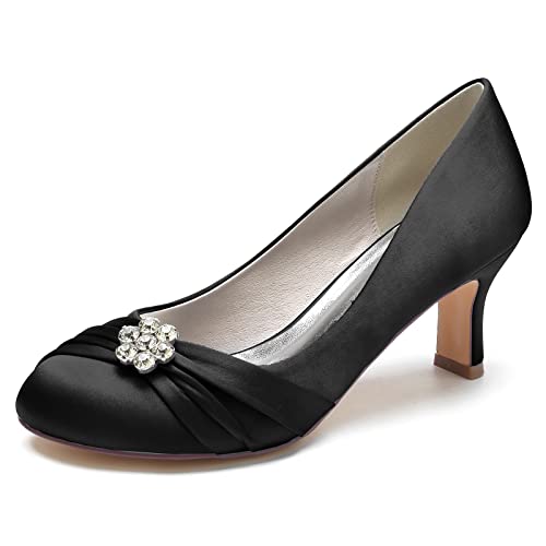 ZZQCCHL Damen Low Heel Kitten Brautschuhe Satin Round Toe Hochzeit Abend Party Schuhe mit Strass,Schwarz,37 EU von ZZQCCHL