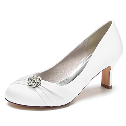 ZZQCCHL Damen Low Heel Kitten Brautschuhe Satin Round Toe Hochzeit Abend Party Schuhe mit Strass,Weiß,38 EU von ZZQCCHL