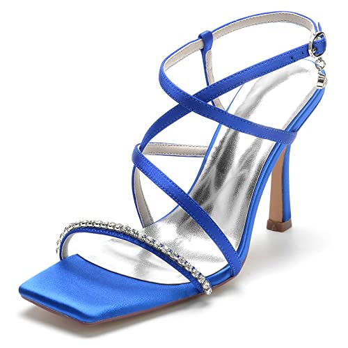 ZZQCCHL Damen Quadratischer Kopf Offene Zehe Stiletto High Heel Sandalen Satin Riemchen Knöchelriemen Hochzeit Party Kleid Schuhe,Blau,42 EU von ZZQCCHL