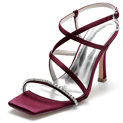 ZZQCCHL Damen Quadratischer Kopf Offene Zehe Stiletto High Heel Sandalen Satin Riemchen Knöchelriemen Hochzeit Party Kleid Schuhe,Burgundy,36 EU von ZZQCCHL