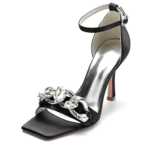 ZZQCCHL Damen Sandalen mit quadratischer Zehe Satin Knöchelriemen Stilettos High Heel Brautschuhe mit Strass Riemen Hochzeitsfeier Pumps,Schwarz,36 EU von ZZQCCHL