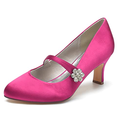 ZZQCCHL Damen Satin Brautschuhe Mid Kitten Heel Hochzeit Sandalen Runde Zehe Mary Jane Schuhe Abend Prom Party Pumps,Fuchsia,42 EU von ZZQCCHL