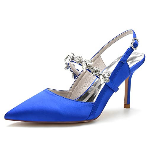 ZZQCCHL Damen Satin Slingback Brautschuhe Geschlossene spitze Zehe High Kleid Heels Slip-on Formelle Party Kleid Schuhe,Blau,36 EU von ZZQCCHL