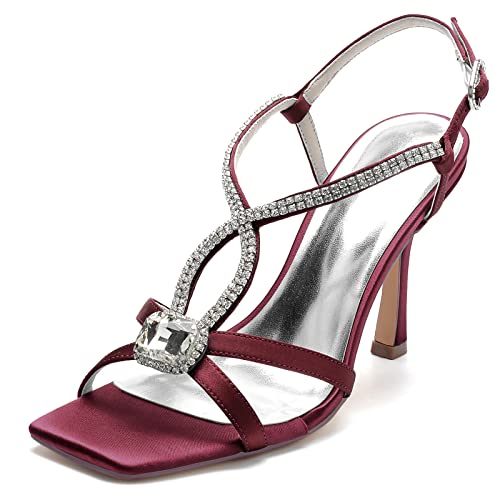 ZZQCCHL Damen Satin Square Toe Sandalen Strass Riemchen Braut Party Schuhe High Heel Sommer Hochzeit Abschlussball Schuhe,Burgundy,41 EU von ZZQCCHL