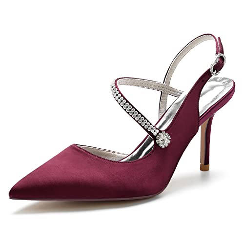 ZZQCCHL Damen Slingback Brautschuhe Geschlossene spitze Zehe High Dress Heels Satin Formale Hofschuhe,Burgundy,41 EU von ZZQCCHL