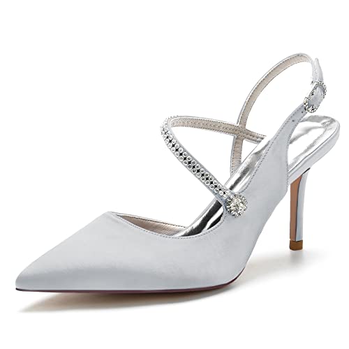 ZZQCCHL Damen Slingback Brautschuhe Geschlossene spitze Zehe High Dress Heels Satin Formale Hofschuhe,Silber,39 EU von ZZQCCHL