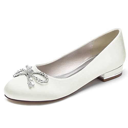 ZZQCCHL Damen Slip-On Ballett Wohnungen Satin Runde Zehe Brautschuhe Formale Hochzeit Prom Pumps,Elfenbein,36 EU von ZZQCCHL