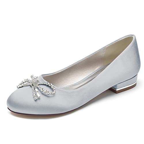 ZZQCCHL Damen Slip-On Ballett Wohnungen Satin Runde Zehe Brautschuhe Formale Hochzeit Prom Pumps,Silber,36 EU von ZZQCCHL