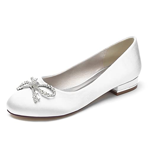 ZZQCCHL Damen Slip-On Ballett Wohnungen Satin Runde Zehe Brautschuhe Formale Hochzeit Prom Pumps,Weiß,38 EU von ZZQCCHL