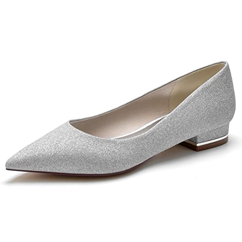 ZZQCCHL Damen Slip-On Sparkly Ballett Schuhe Geschlossen Spitz Toe Glitter Braut Wohnungen Schuhe Hochzeit Party Kleid Schuhe,Silber,40 EU von ZZQCCHL