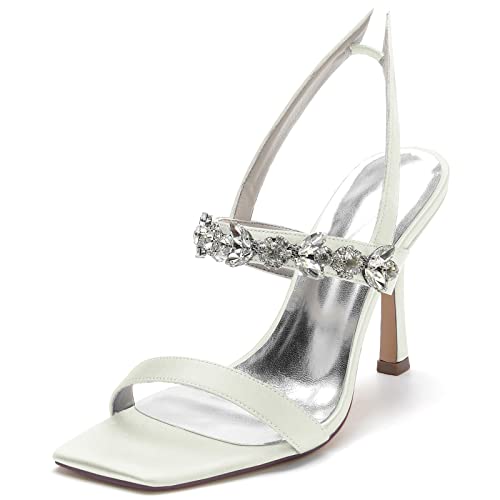 ZZQCCHL Damen Stiletto Heels Slip-on Square Toe Sandalen Satin Hochzeit Abend Party Kleid Schuhe mit Glitzer Strass Riemchen,Elfenbein,36 EU von ZZQCCHL