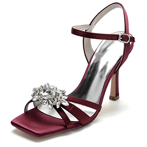 ZZQCCHL Damen Stiletto High Heel Brautkleid Schuhe Quadratische Zehe Knöchelriemen Rückenfreie Sandalen Satin Party Ball-Brautschuhe,Burgundy,40 EU von ZZQCCHL