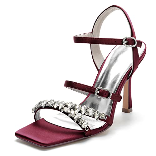 ZZQCCHL Elfenbein Heels Sandalen Damen Quadrat Offene Zehe Knöchelriemen Brautschuhe Party Kleid Pumps mit Strass,Burgundy,43 EU von ZZQCCHL