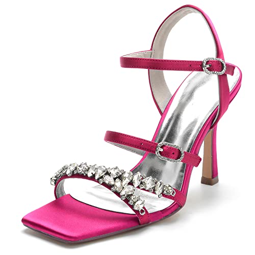 ZZQCCHL Elfenbein Heels Sandalen Damen Quadrat Offene Zehe Knöchelriemen Brautschuhe Party Kleid Pumps mit Strass,Fuchsia,43 EU von ZZQCCHL