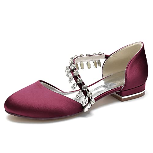 ZZQCCHL Frauen Braut Wohnungen Runde Zehe Ballett Wohnungen Satin Slip auf Brautjungfer Hochzeit Sandalen mit Strass,Burgundy,37 EU von ZZQCCHL