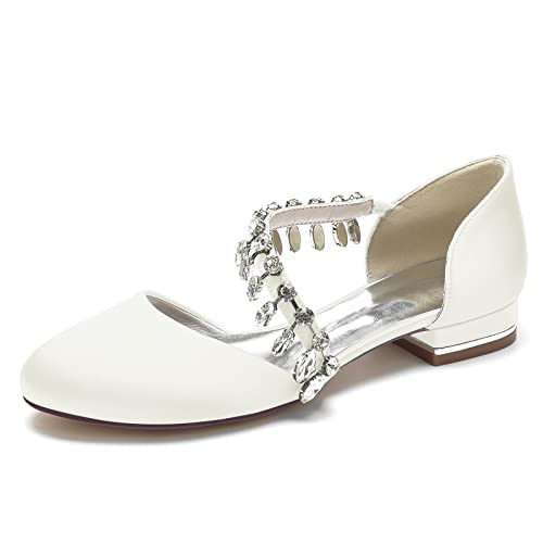 ZZQCCHL Frauen Braut Wohnungen Runde Zehe Ballett Wohnungen Satin Slip auf Brautjungfer Hochzeit Sandalen mit Strass,Elfenbein,39 EU von ZZQCCHL